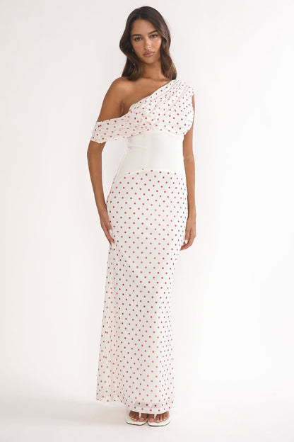 Milos Asymmetric Neckline Maxi Dress Polka Dot Red