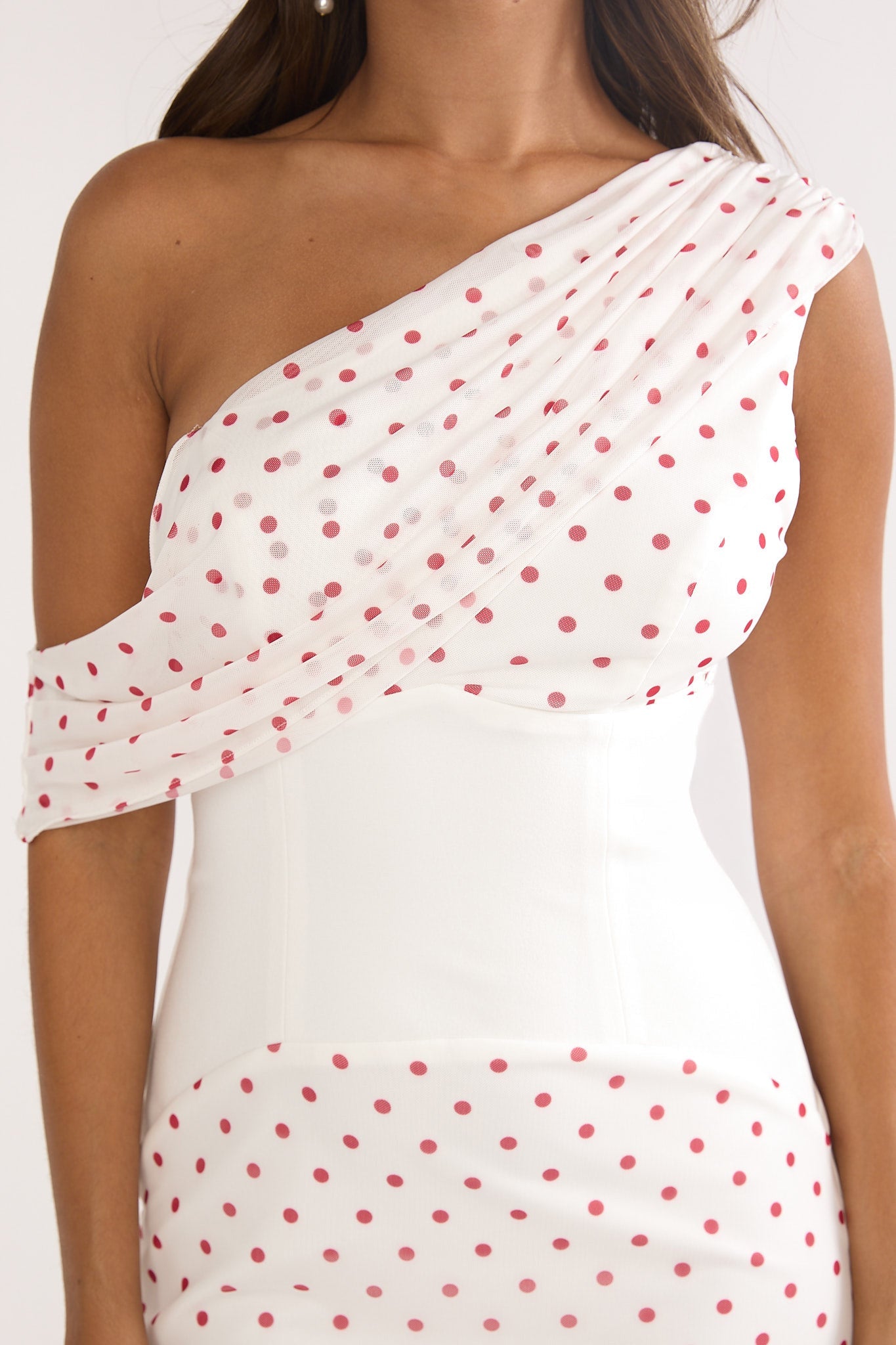 Milos Asymmetric Neckline Maxi Dress Polka Dot Red