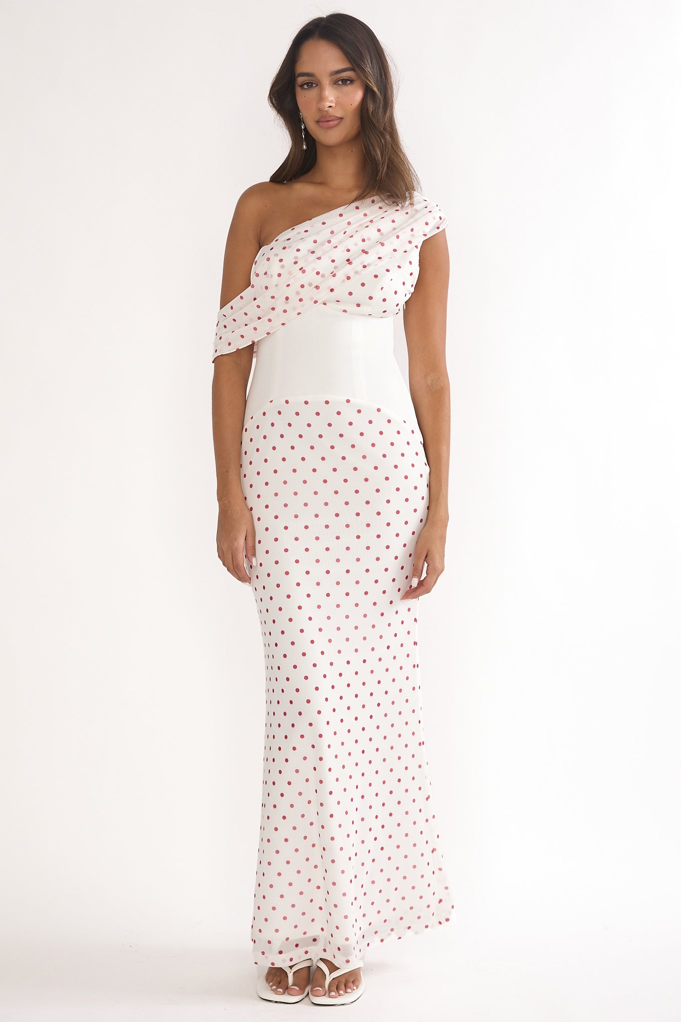 Milos Asymmetric Neckline Maxi Dress Polka Dot Red