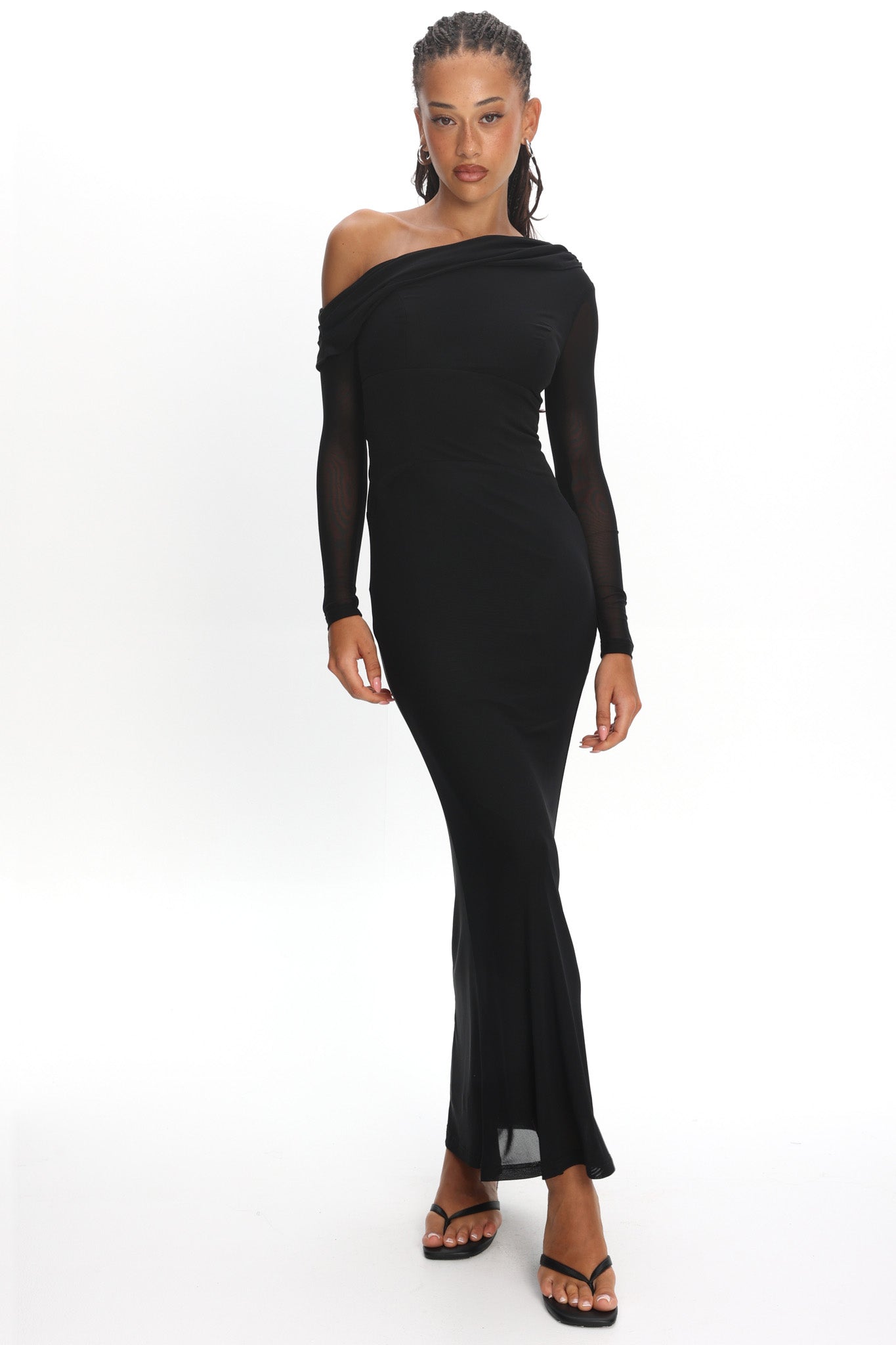 Milos Asymmetric Neckline Long Sleeve Maxi Dress Black