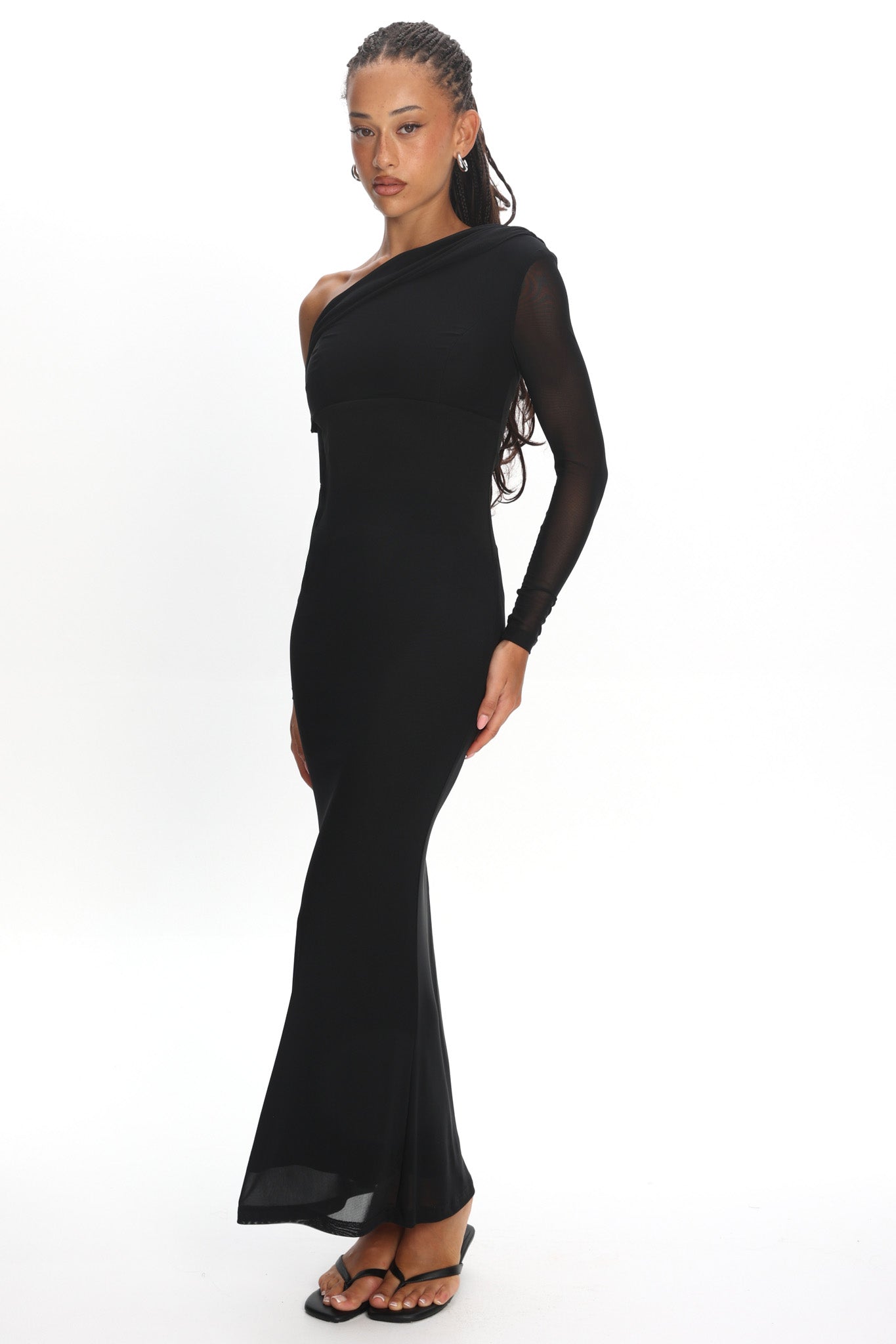 Milos Asymmetric Neckline Long Sleeve Maxi Dress Black