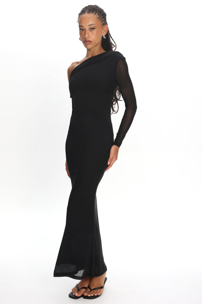 Milos Asymmetric Neckline Long Sleeve Maxi Dress Black