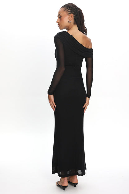 Milos Asymmetric Neckline Long Sleeve Maxi Dress Black