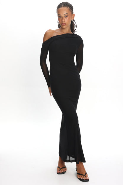 Milos Asymmetric Neckline Long Sleeve Maxi Dress Black