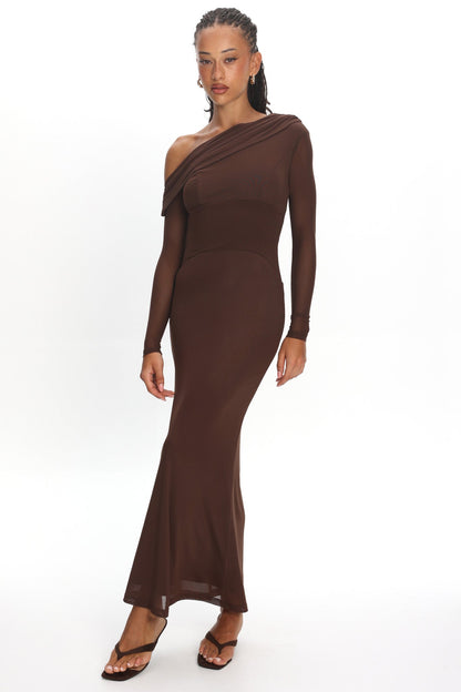 Milos Asymmetric Neckline Long Sleeve Maxi Dress Chocolate