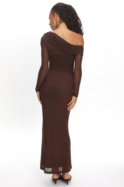 Milos Asymmetric Neckline Long Sleeve Maxi Dress Chocolate