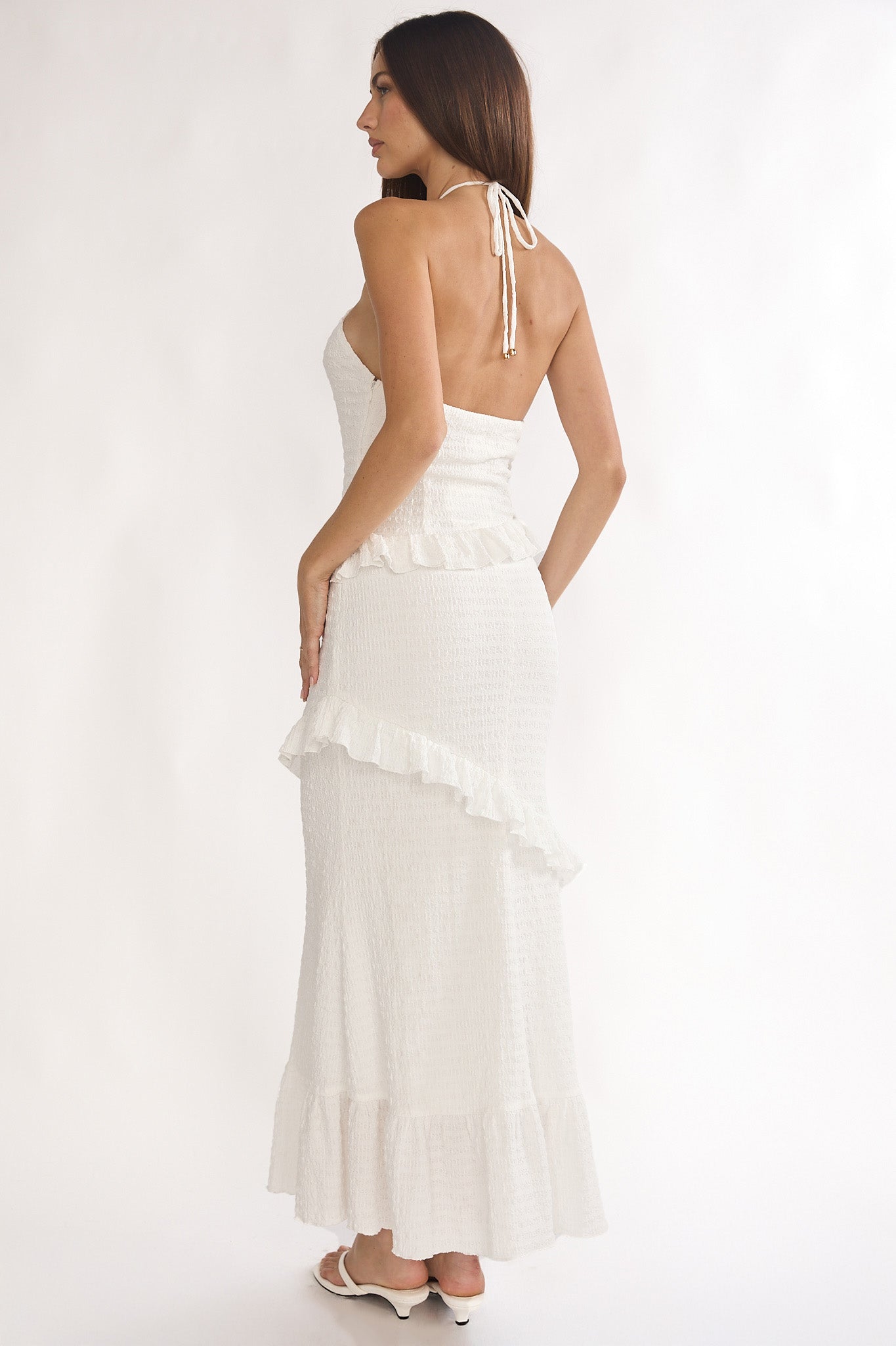Clemence Smocked Frill Trim Maxi Dress White