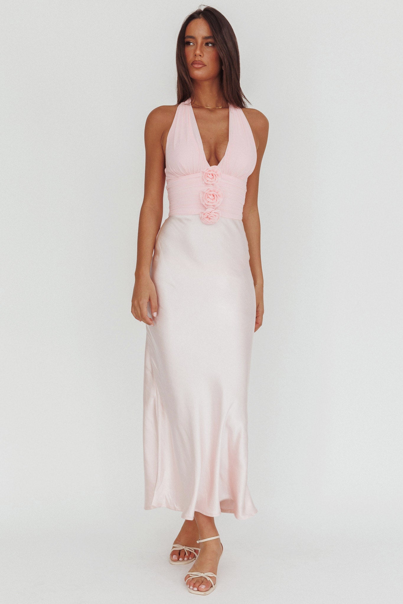 Heliora Halterneck Rosette Bust Maxi Dress Pink