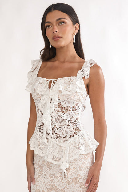 Kelina Ruffle Trim Lace Top White