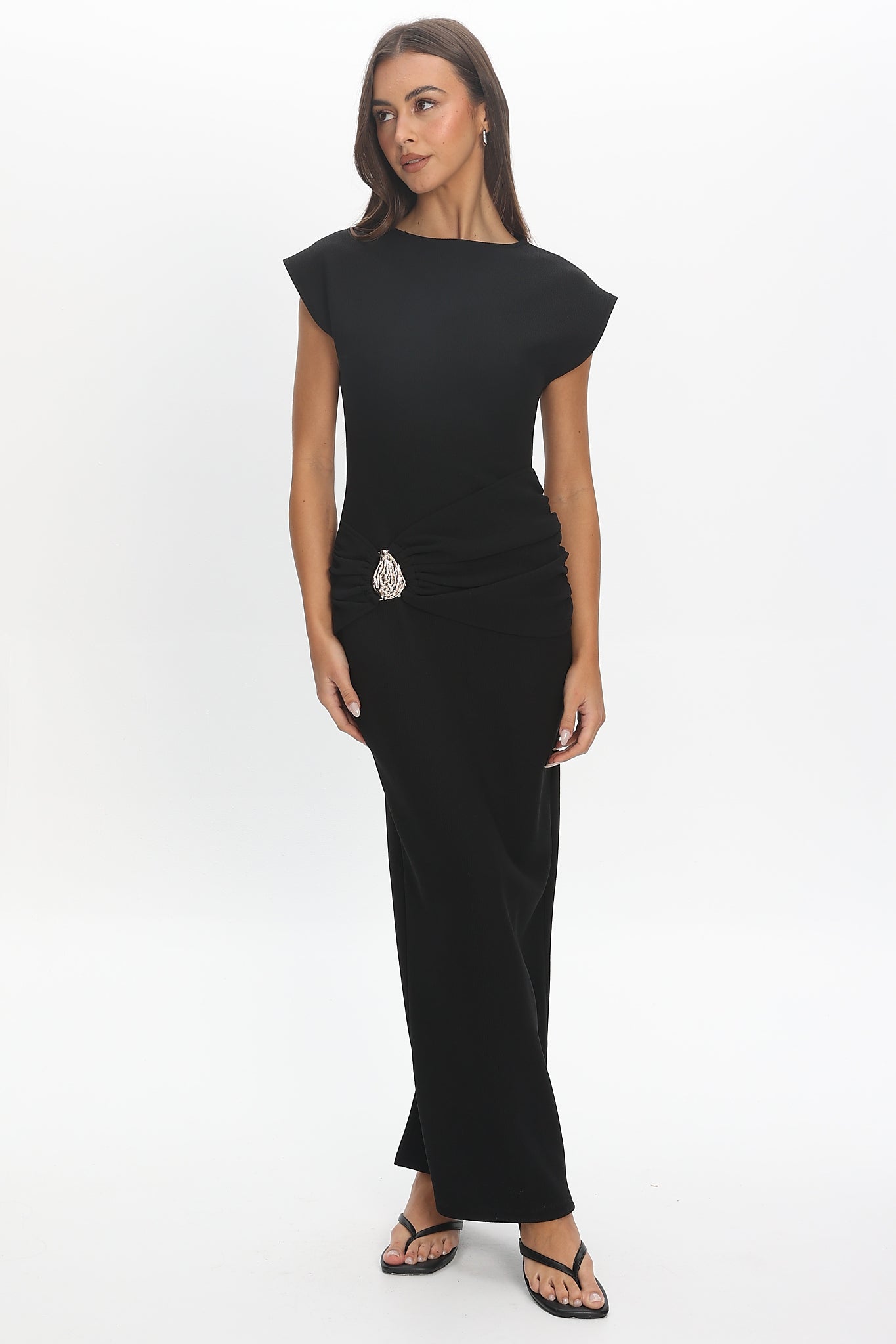Briona Short Sleeve Buckle Maxi Dress Textured Black
