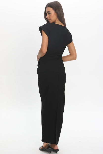 Briona Short Sleeve Buckle Maxi Dress Textured Black