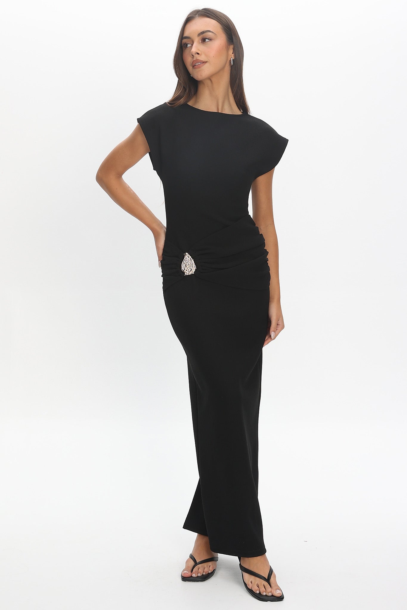 Briona Short Sleeve Buckle Maxi Dress Textured Black