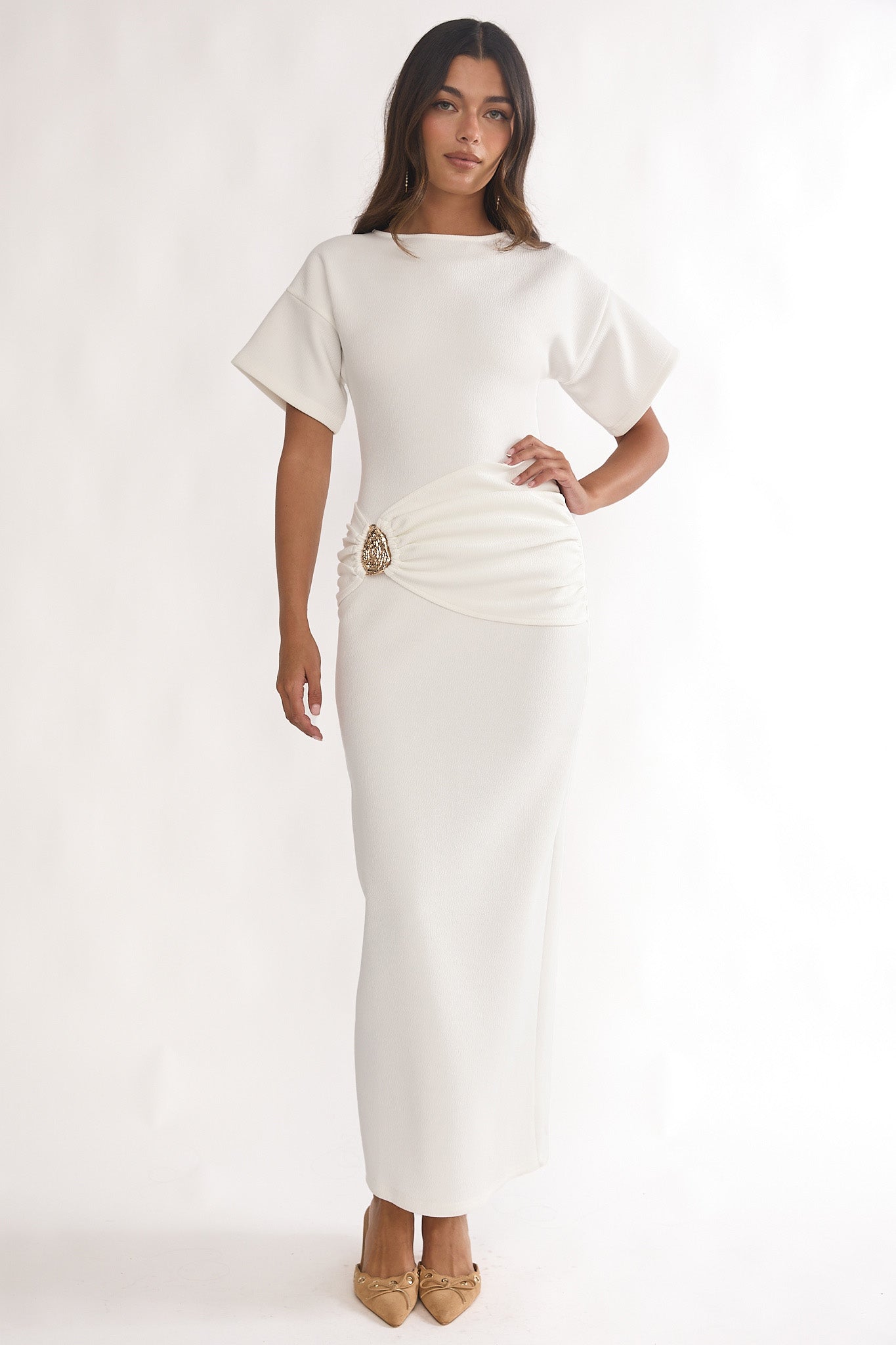 Briona Short Sleeve Buckle Maxi Dress White