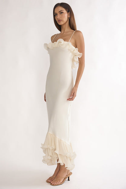 Okay, Cupid Low Back Ruffle Trim Maxi Dress Oyster
