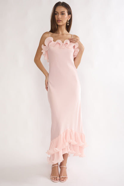 Okay, Cupid Low Back Ruffle Trim Maxi Dress Pink