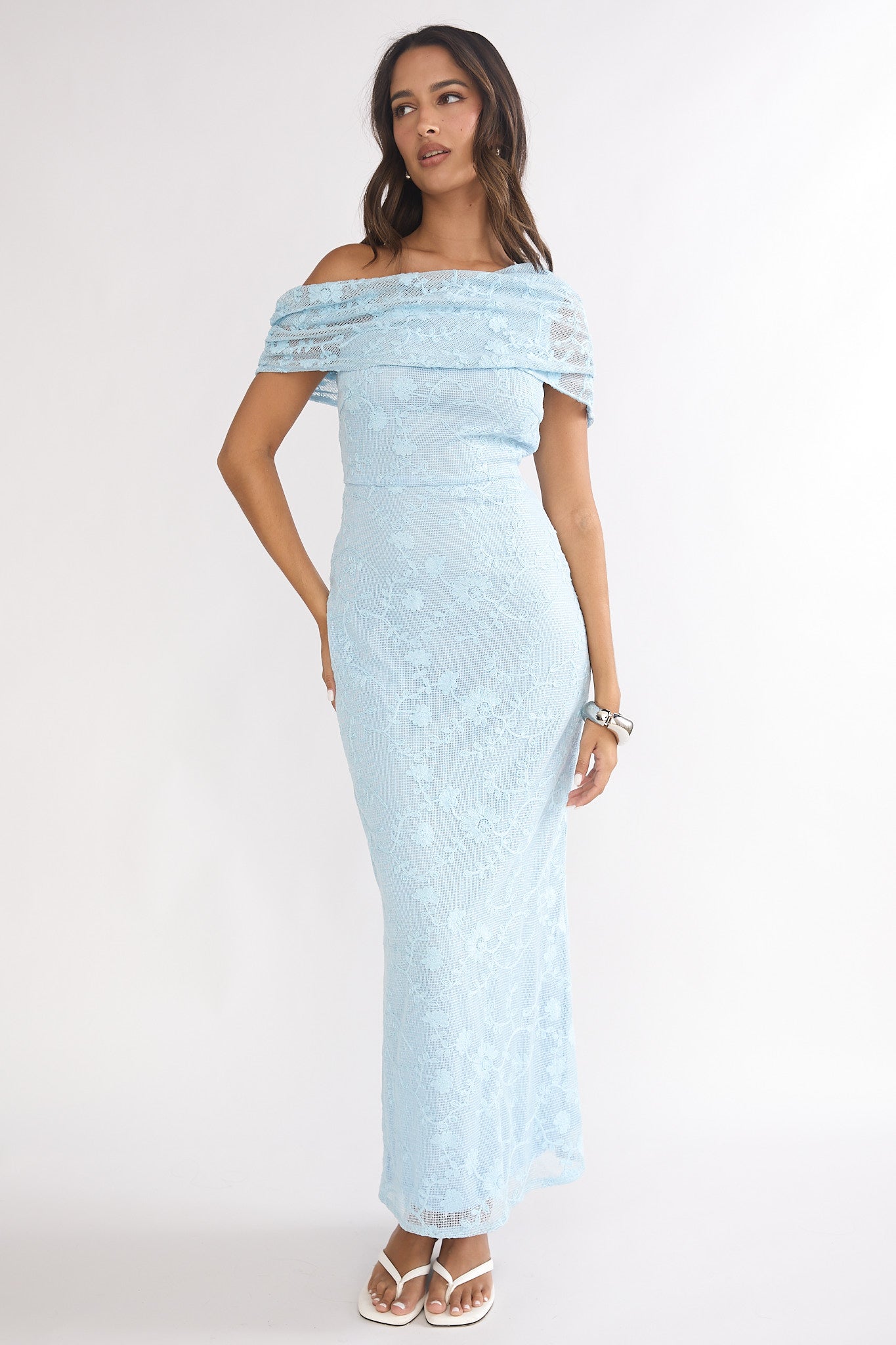 Elita Asymmetric Neckline Lace Maxi Dress Blue