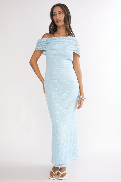 Elita Asymmetric Neckline Lace Maxi Dress Blue