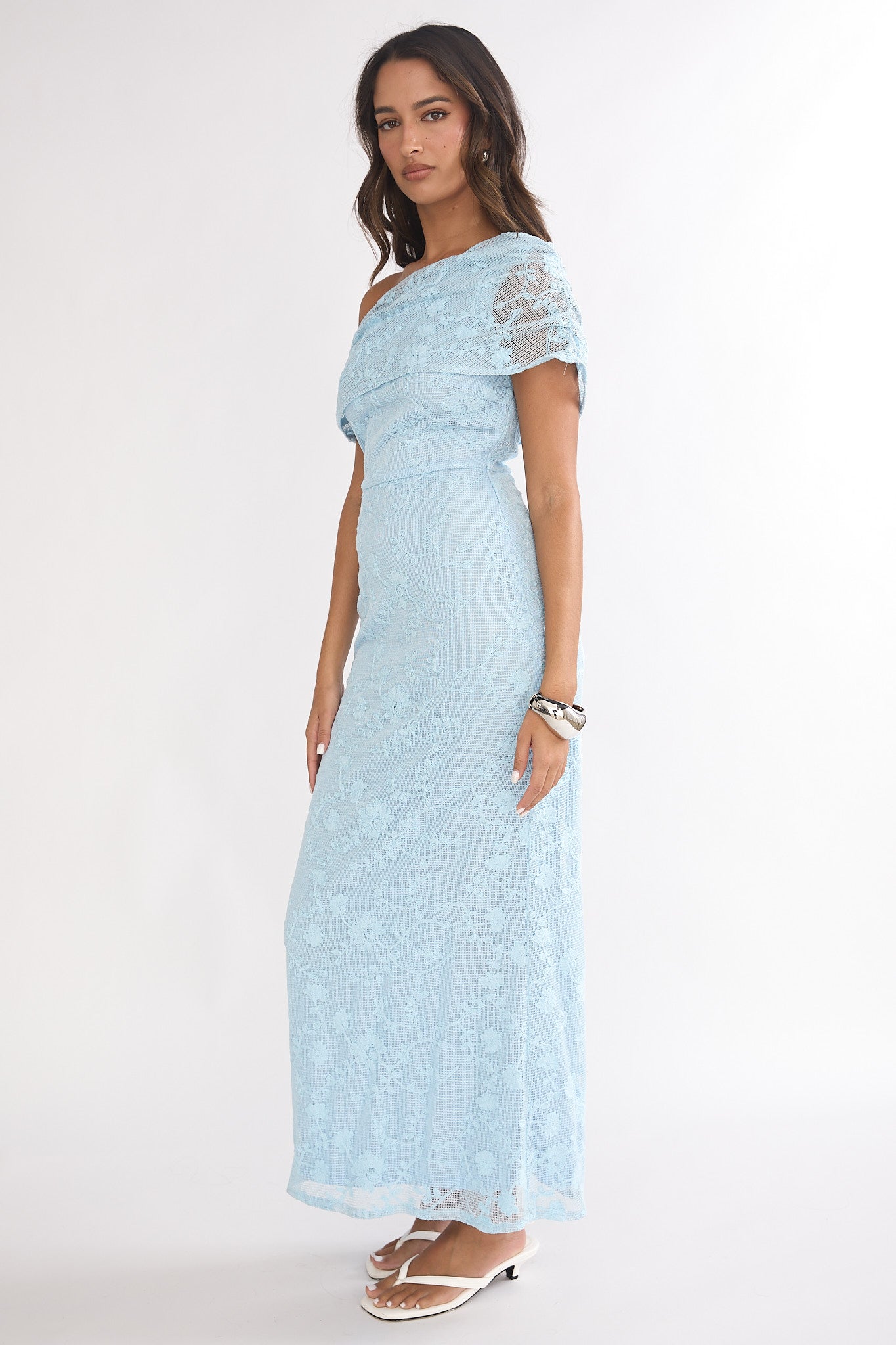 Elita Asymmetric Neckline Lace Maxi Dress Blue