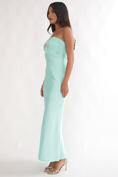 At Dusk Beaded Bust Strapless Maxi Dress Blue