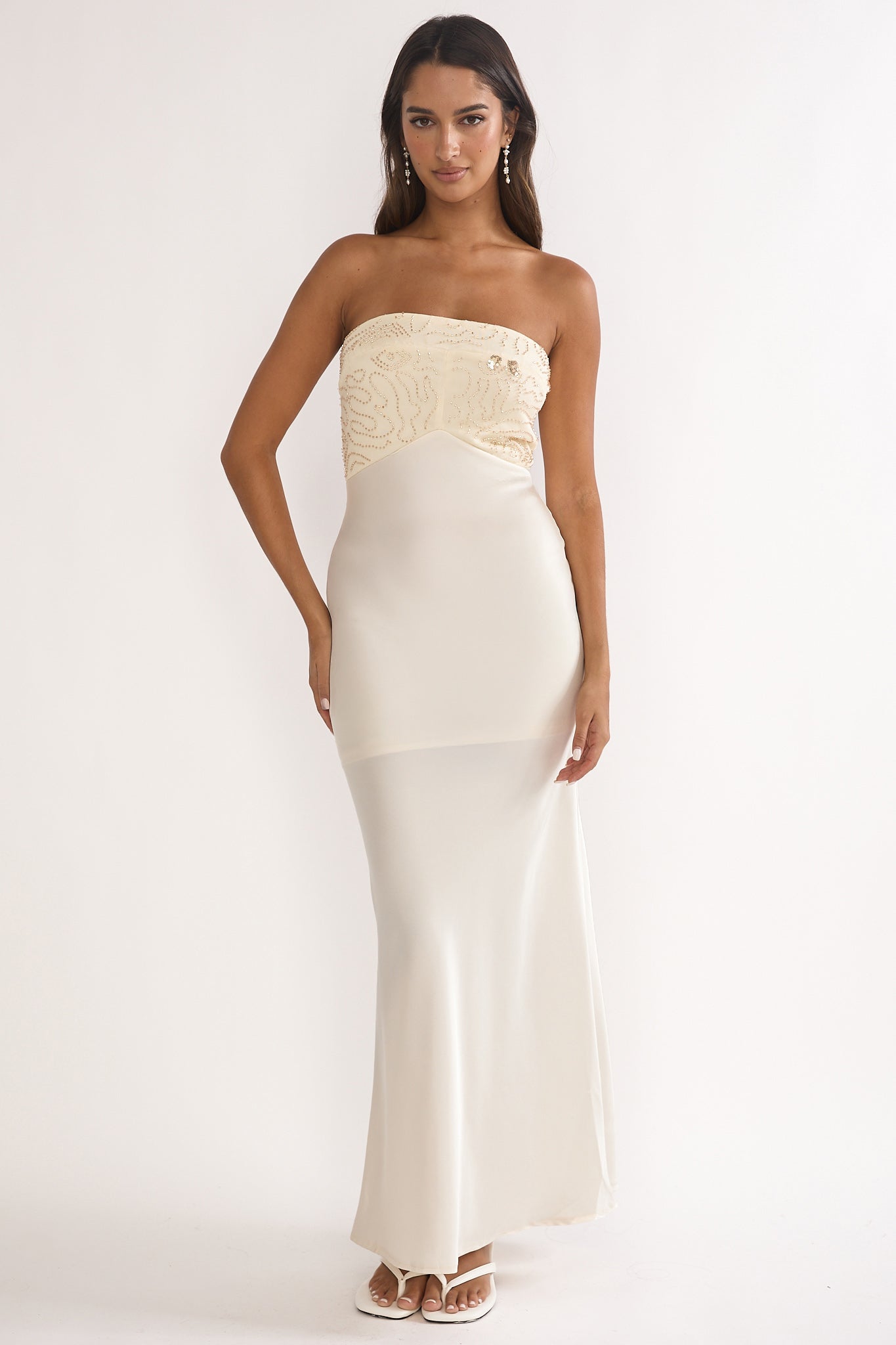 At Dusk Beaded Bust Strapless Maxi Dress Oyster
