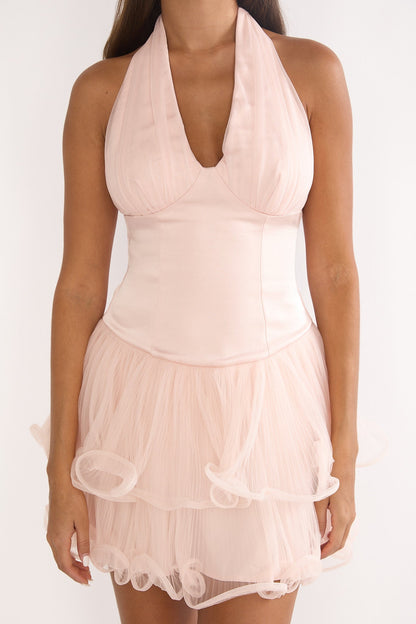 Ellery Halterneck Layered Hem Mini Dress Pink