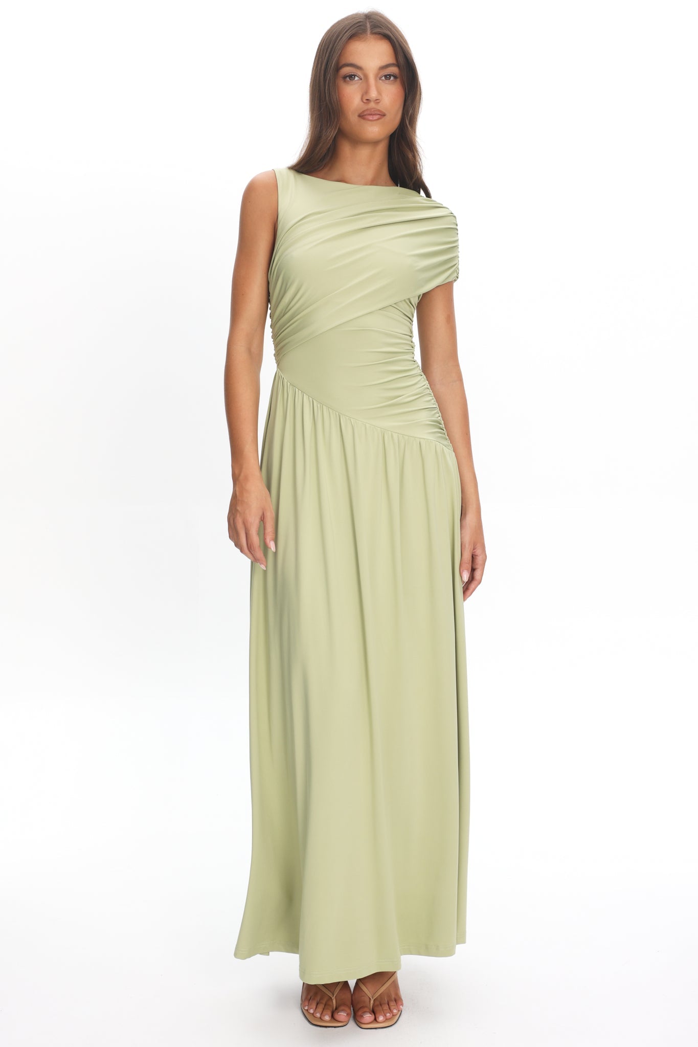 Adiel Ruched Asymmetric Waist Maxi Dress Olive