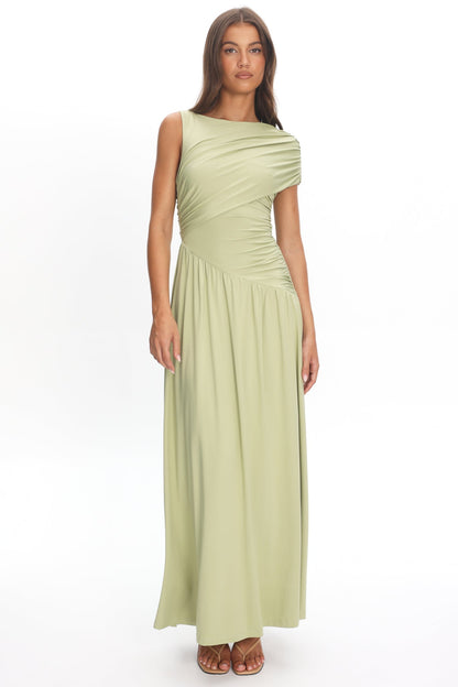 Adiel Ruched Asymmetric Waist Maxi Dress Olive