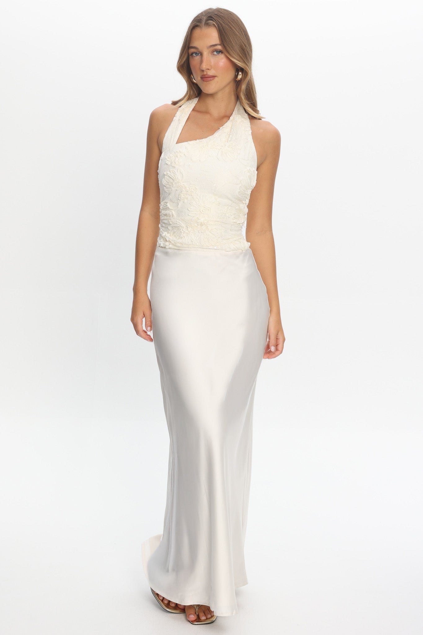 Rejina Asymmetric Neckline Embellished Maxi Dress Off White