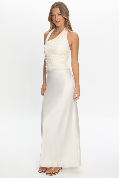 Rejina Asymmetric Neckline Embellished Maxi Dress Off White