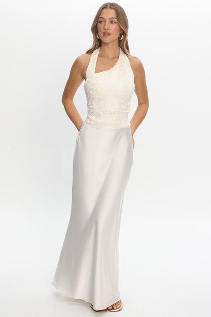 Rejina Asymmetric Neckline Embellished Maxi Dress Off White