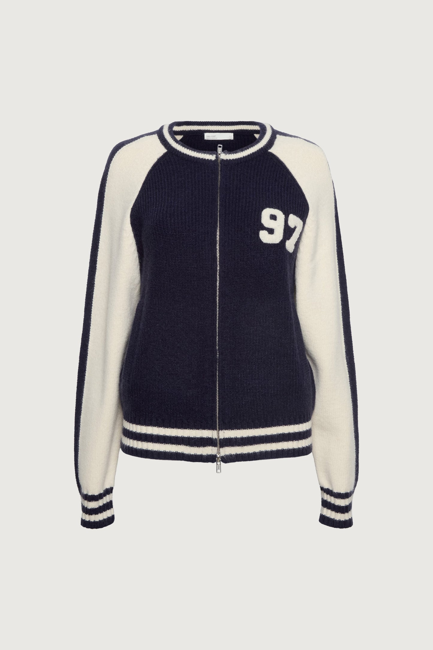 TWO TONE VARSITY ZIP-UP KNIT CARDIGAN