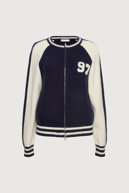 TWO TONE VARSITY ZIP-UP KNIT CARDIGAN