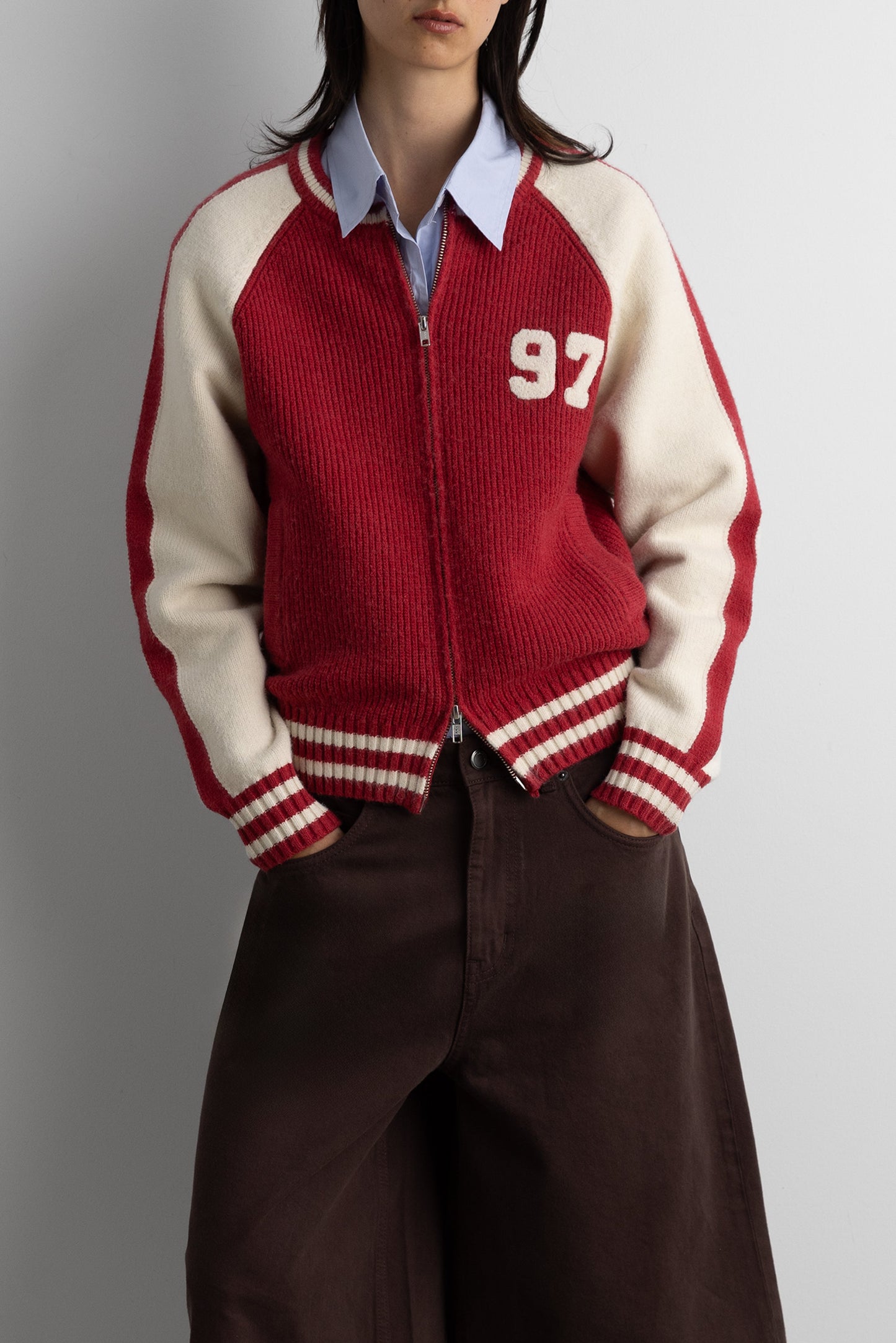 TWO TONE VARSITY ZIP-UP KNIT CARDIGAN