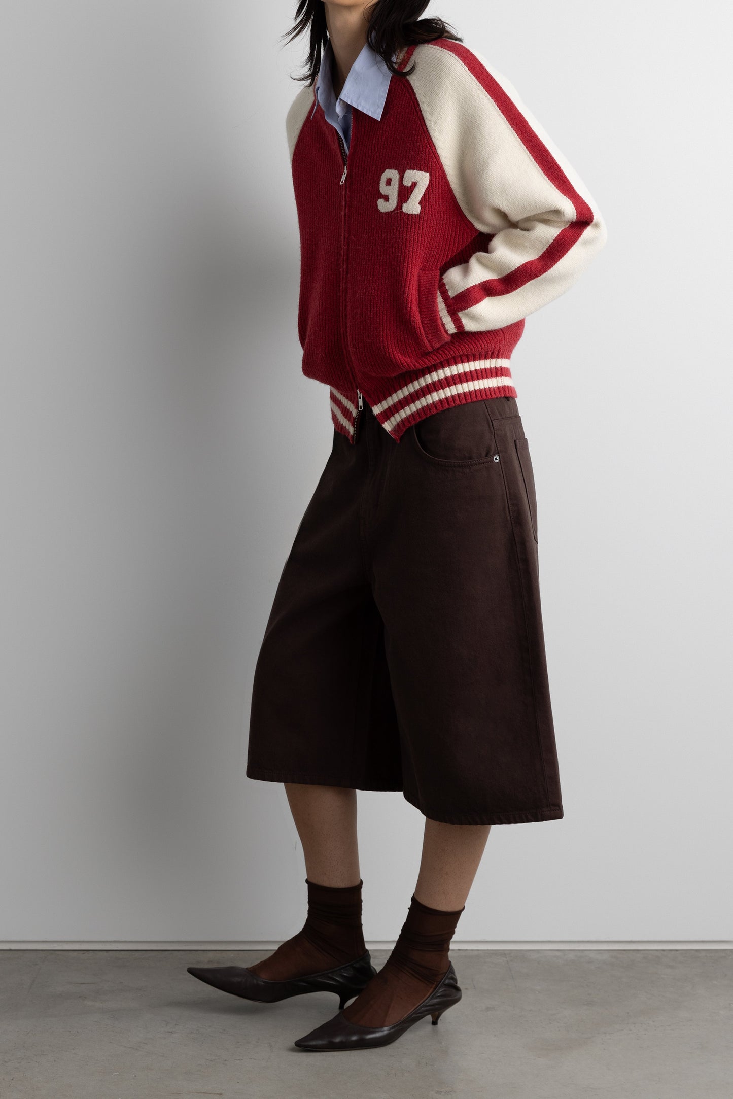 TWO TONE VARSITY ZIP-UP KNIT CARDIGAN