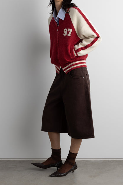 TWO TONE VARSITY ZIP-UP KNIT CARDIGAN