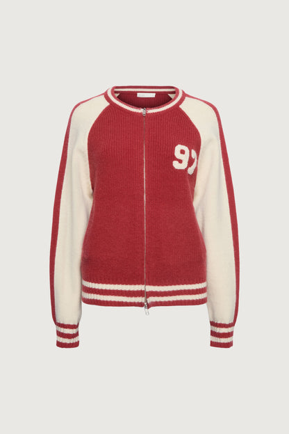 TWO TONE VARSITY ZIP-UP KNIT CARDIGAN