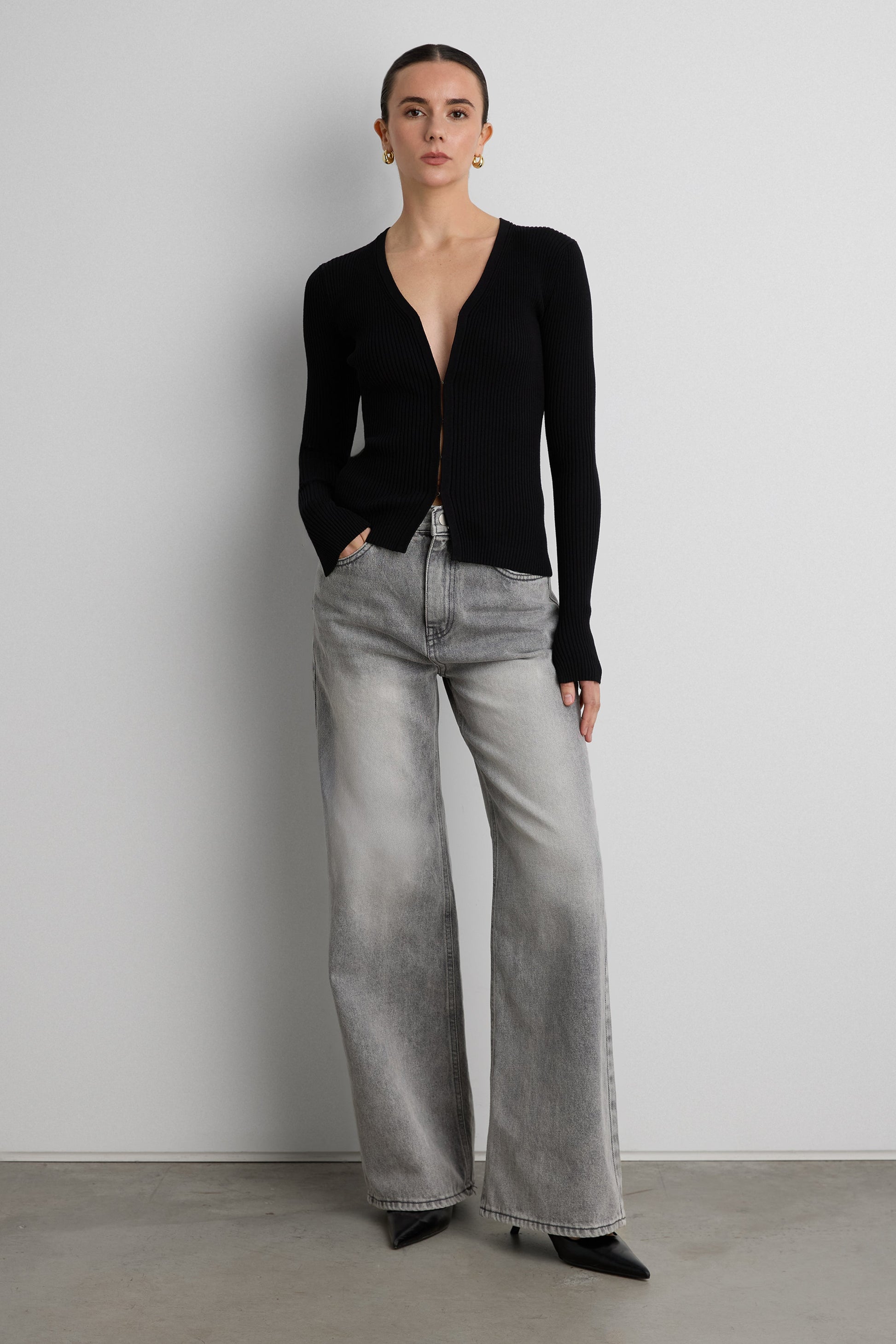 RIBBED HOOK AND EYE FRONT CARDIGAN