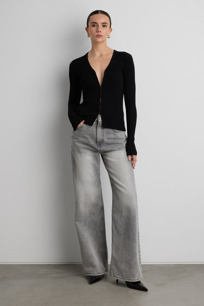 RIBBED HOOK AND EYE FRONT CARDIGAN