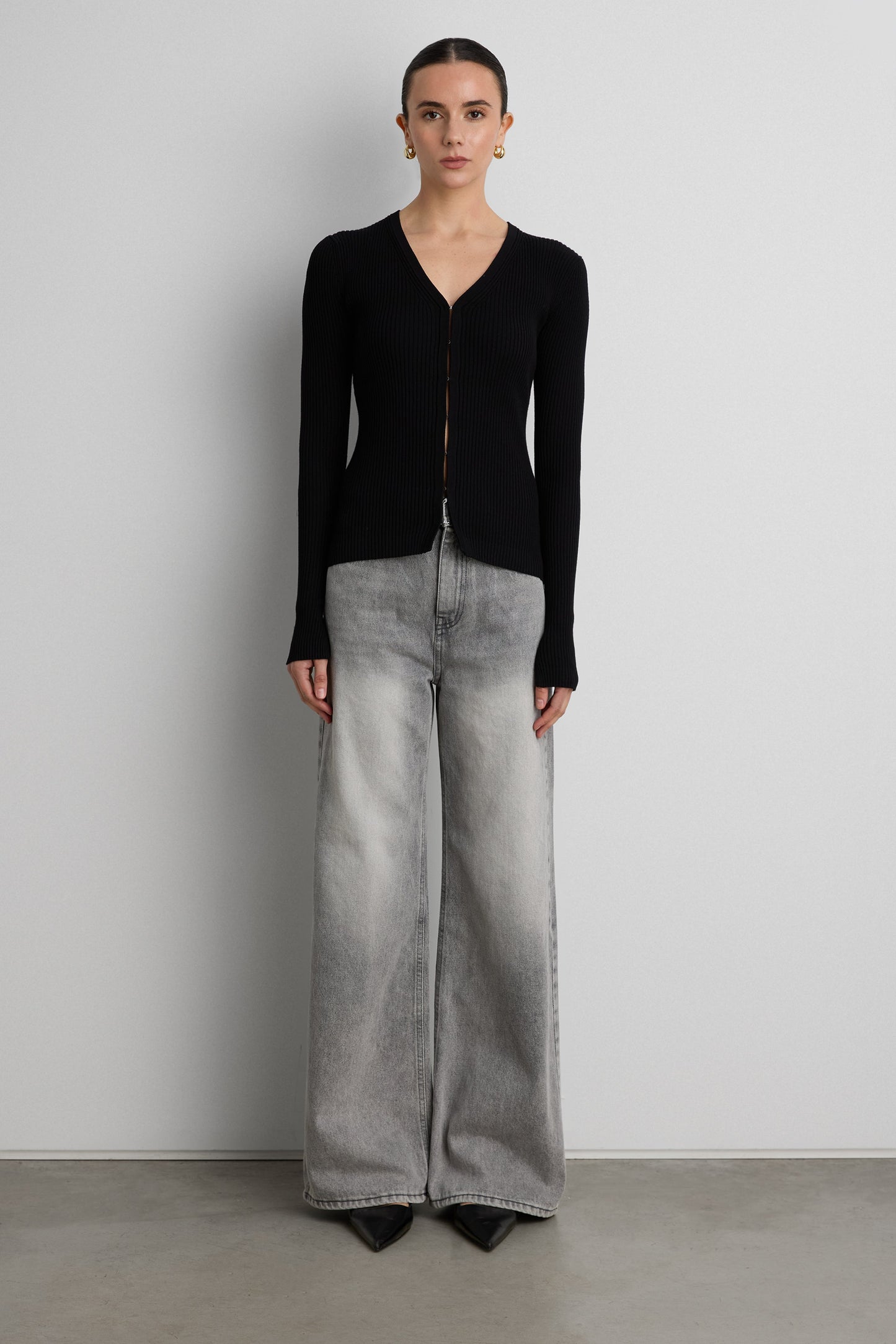 RIBBED HOOK AND EYE FRONT CARDIGAN
