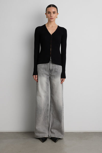 RIBBED HOOK AND EYE FRONT CARDIGAN