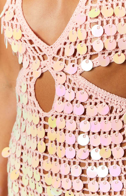 Cindy Pink Sequin Crochet Mini Dress