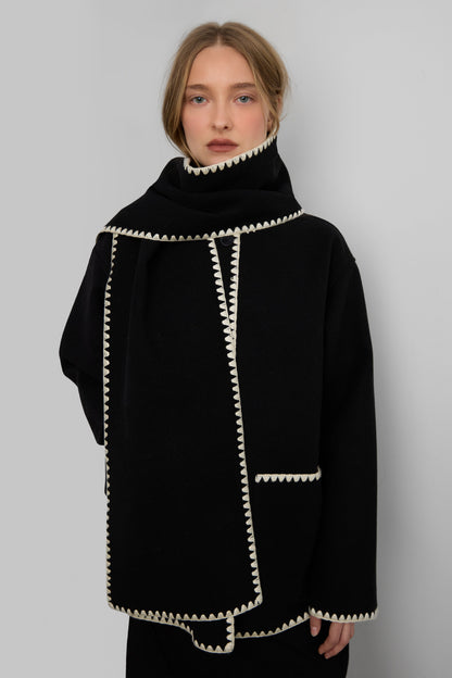 WOOL-BLEND CONTRAST STITCH SCARF JACKE