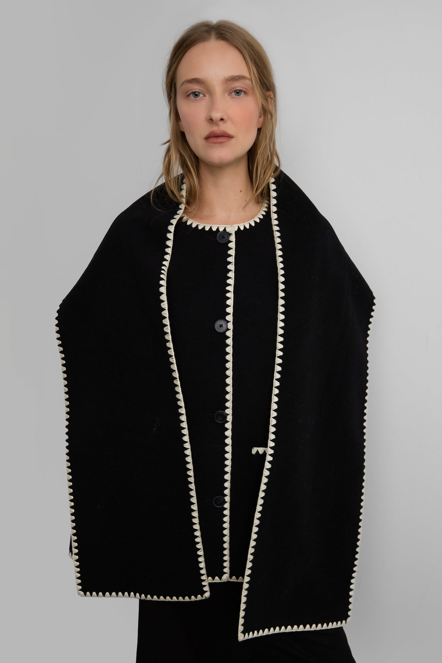 WOOL-BLEND CONTRAST STITCH SCARF JACKE