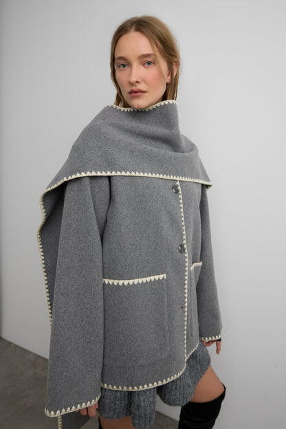 WOOL-BLEND CONTRAST STITCH SCARF JACKE