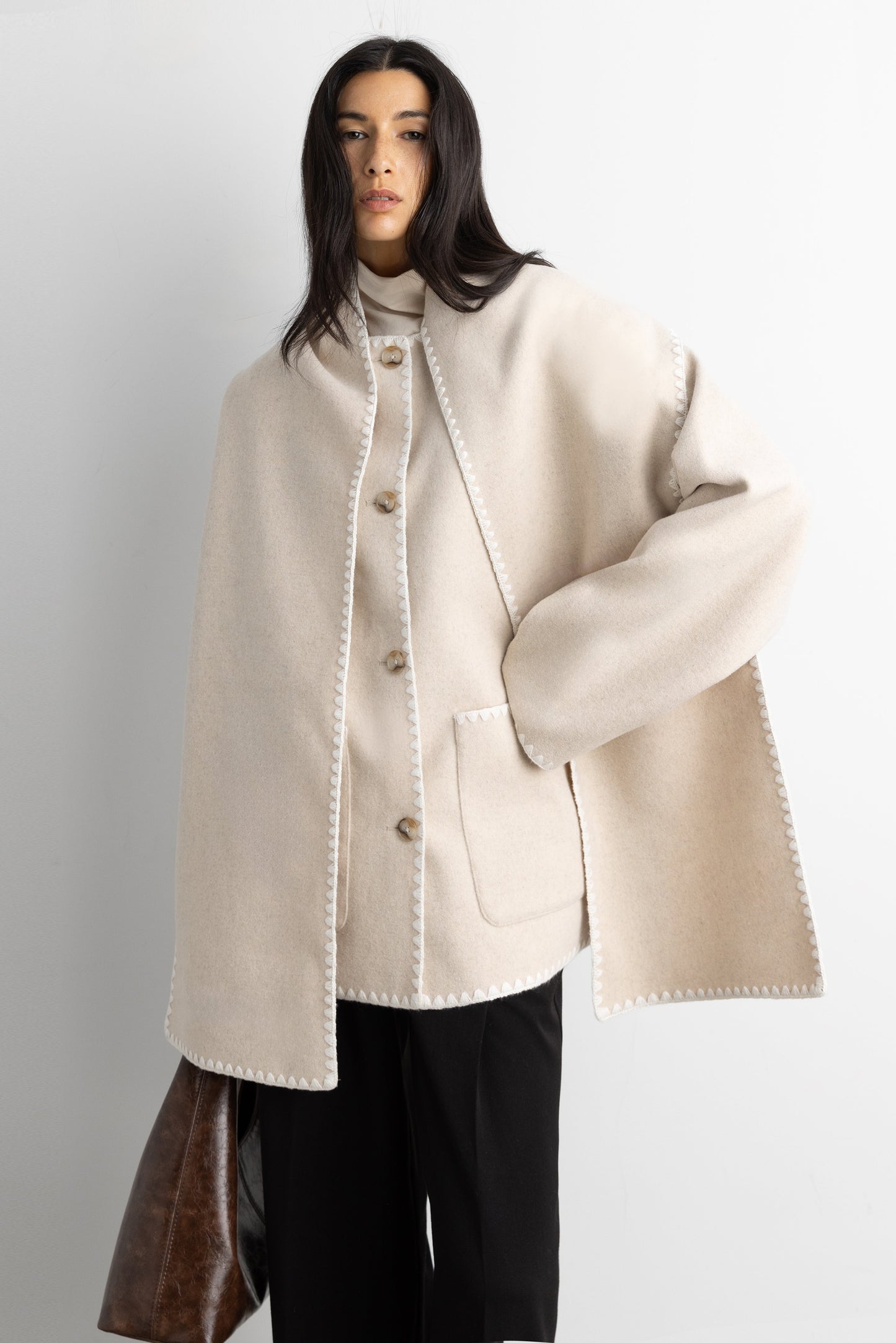 WOOL-BLEND CONTRAST STITCH SCARF JACKE