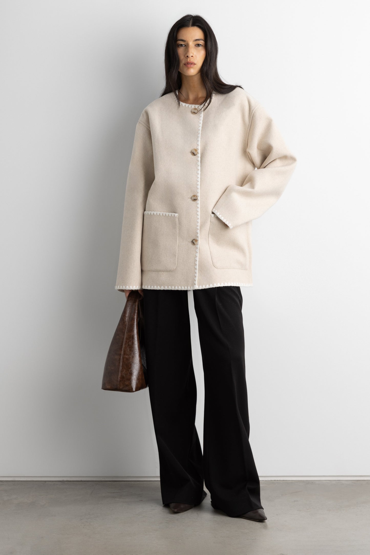 WOOL-BLEND CONTRAST STITCH SCARF JACKE