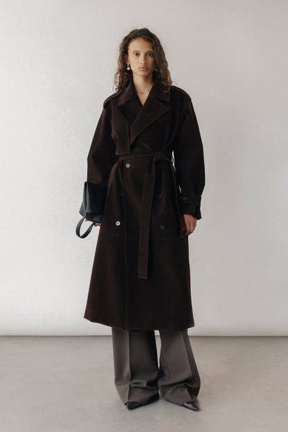 LONG PANELED VEGAN SUEDE TRENCH COAT