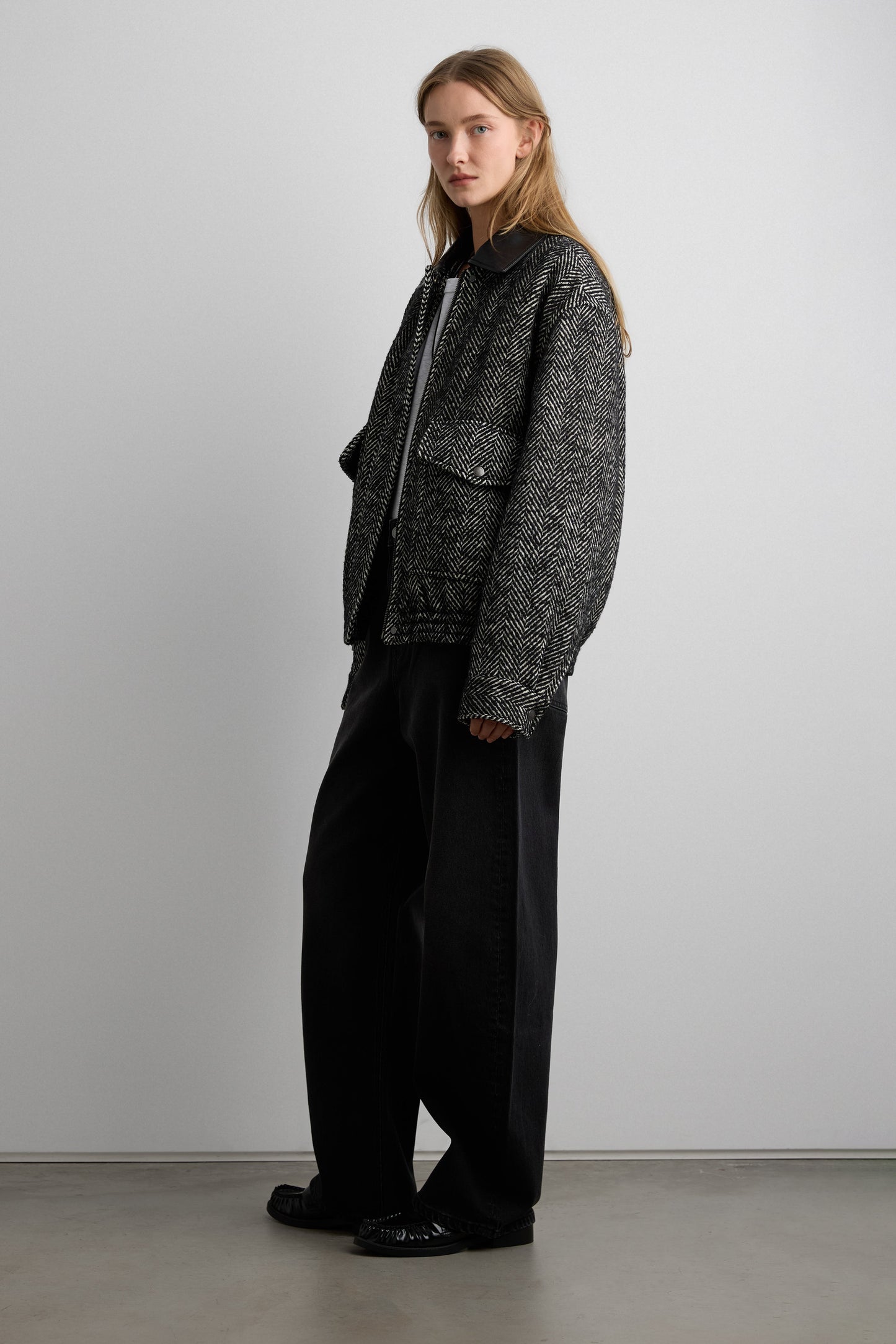 WOOL BLEND HERRINGBONE BOMBER JACKET