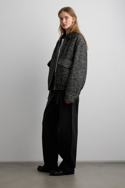 WOOL BLEND HERRINGBONE BOMBER JACKET