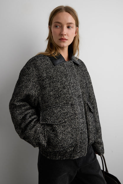 WOOL BLEND HERRINGBONE BOMBER JACKET